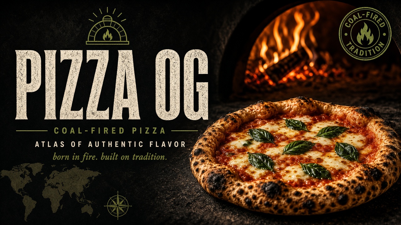PIZZA OG โ coal-fired pizza, atlas of authentic flavor. A charred margherita in front of a fiery oven.