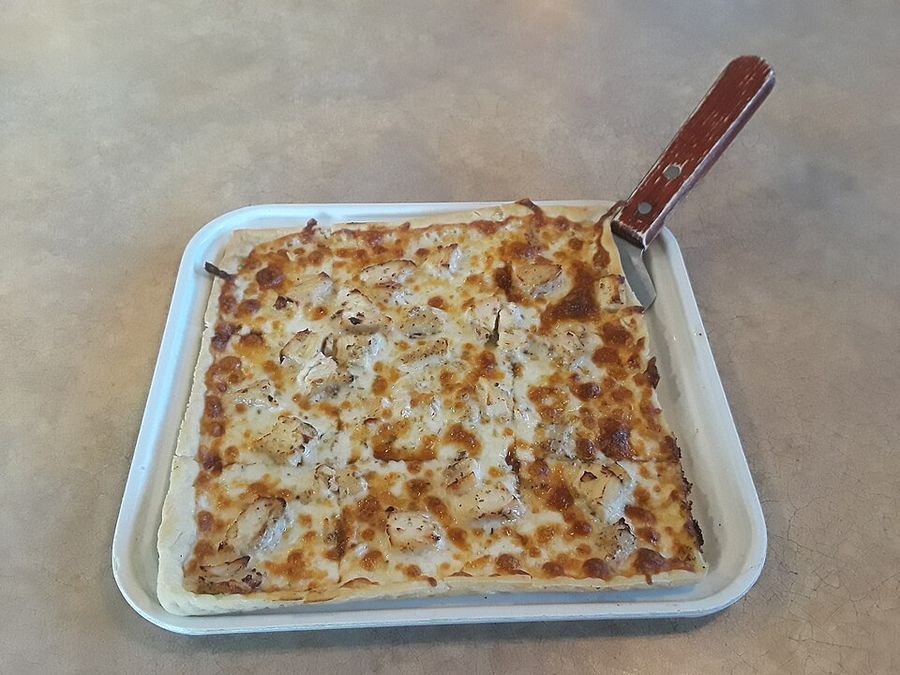 Maryland-style square-cut thin pizza in a rectangular pan
